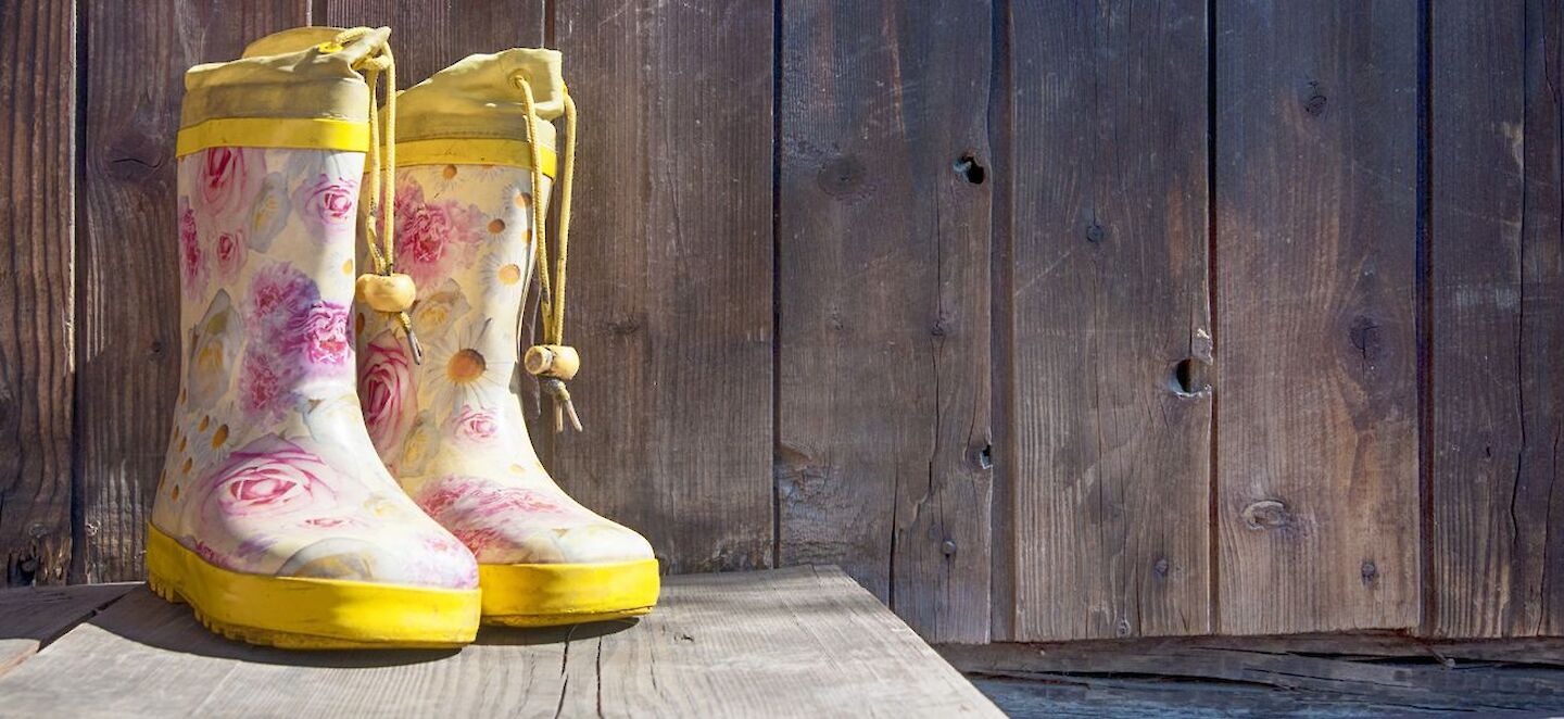 ein Paar Gummistiefel gelb mit rosa Rosen